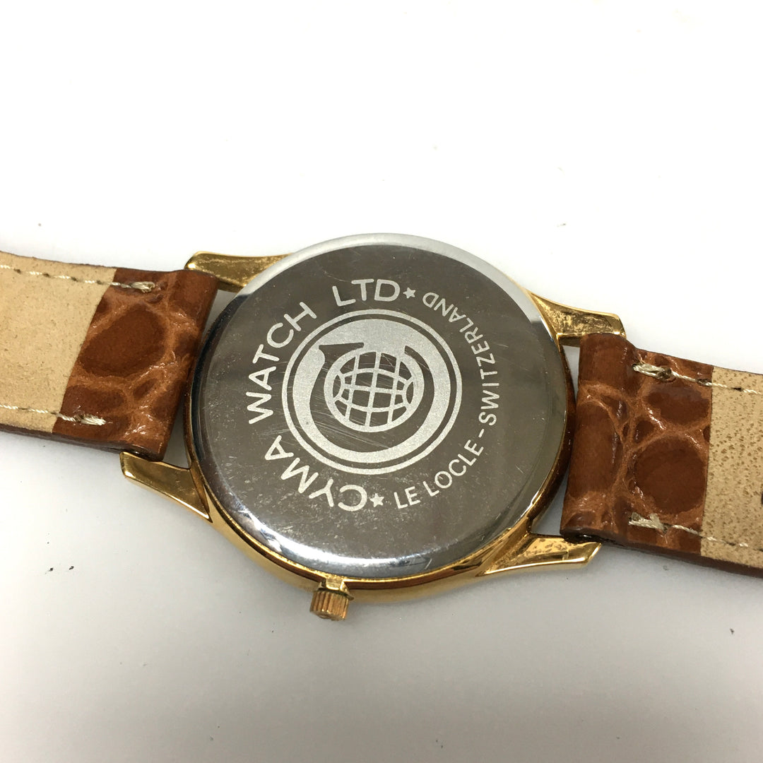 v290 Vintage CYMA Quartz Swiss Made Gold Tone 7 Jewels Wrist Watch Leather Band