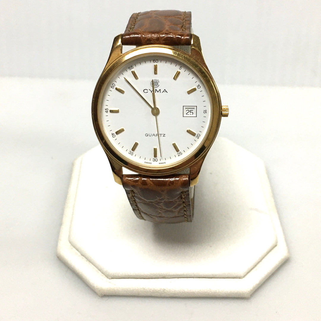 v290 Vintage CYMA Quartz Swiss Made Gold Tone 7 Jewels Wrist Watch Leather Band