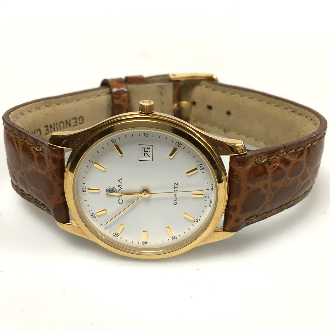 v290 Vintage CYMA Quartz Swiss Made Gold Tone 7 Jewels Wrist Watch Leather Band