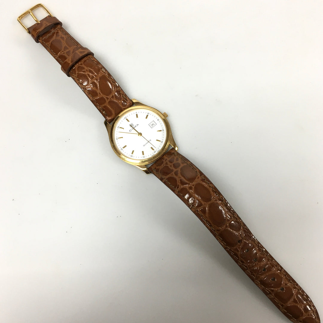 v290 Vintage CYMA Quartz Swiss Made Gold Tone 7 Jewels Wrist Watch Leather Band