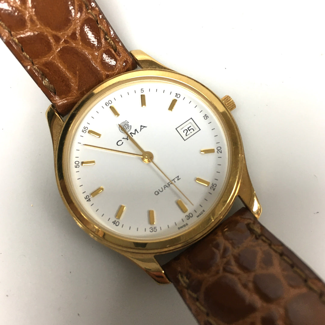 v290 Vintage CYMA Quartz Swiss Made Gold Tone 7 Jewels Wrist Watch Leather Band