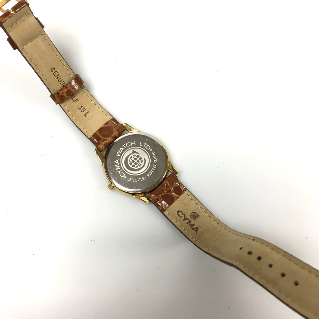 v290 Vintage CYMA Quartz Swiss Made Gold Tone 7 Jewels Wrist Watch Leather Band