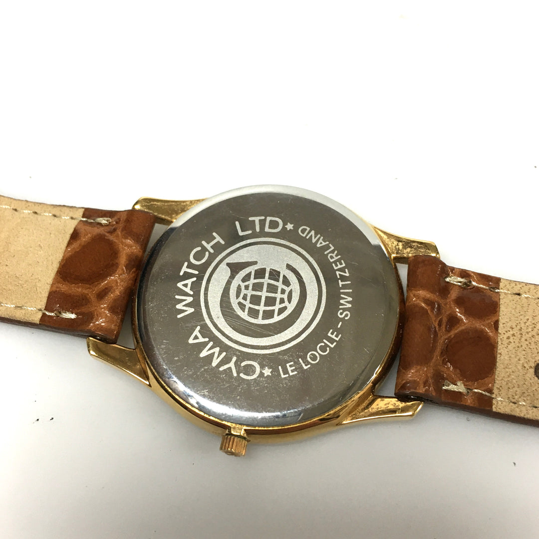 v290 Vintage CYMA Quartz Swiss Made Gold Tone 7 Jewels Wrist Watch Leather Band