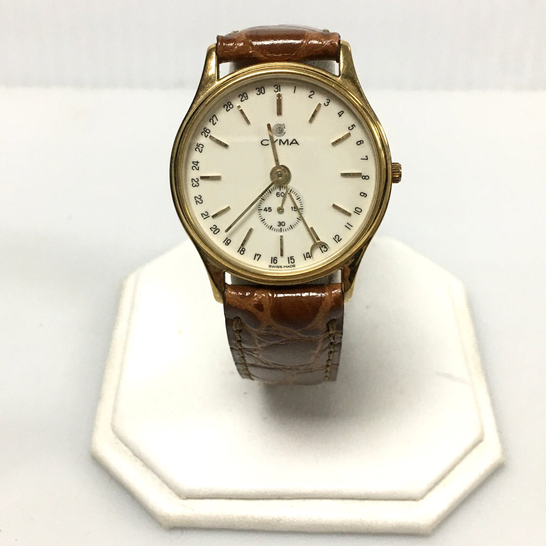 v291 Vintage CYMA Quartz Swiss Made Gold Tone Wrist Watch Leather Band