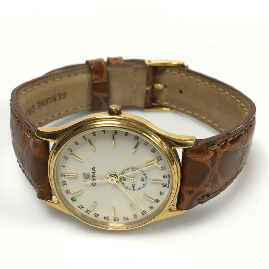 v291 Vintage CYMA Quartz Swiss Made Gold Tone Wrist Watch Leather Band