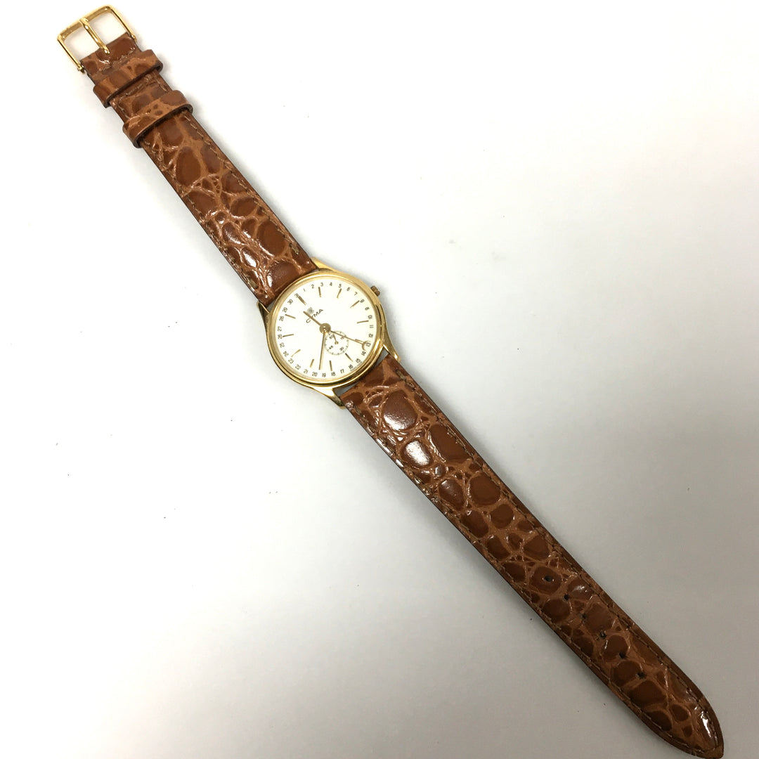 v291 Vintage CYMA Quartz Swiss Made Gold Tone Wrist Watch Leather Band