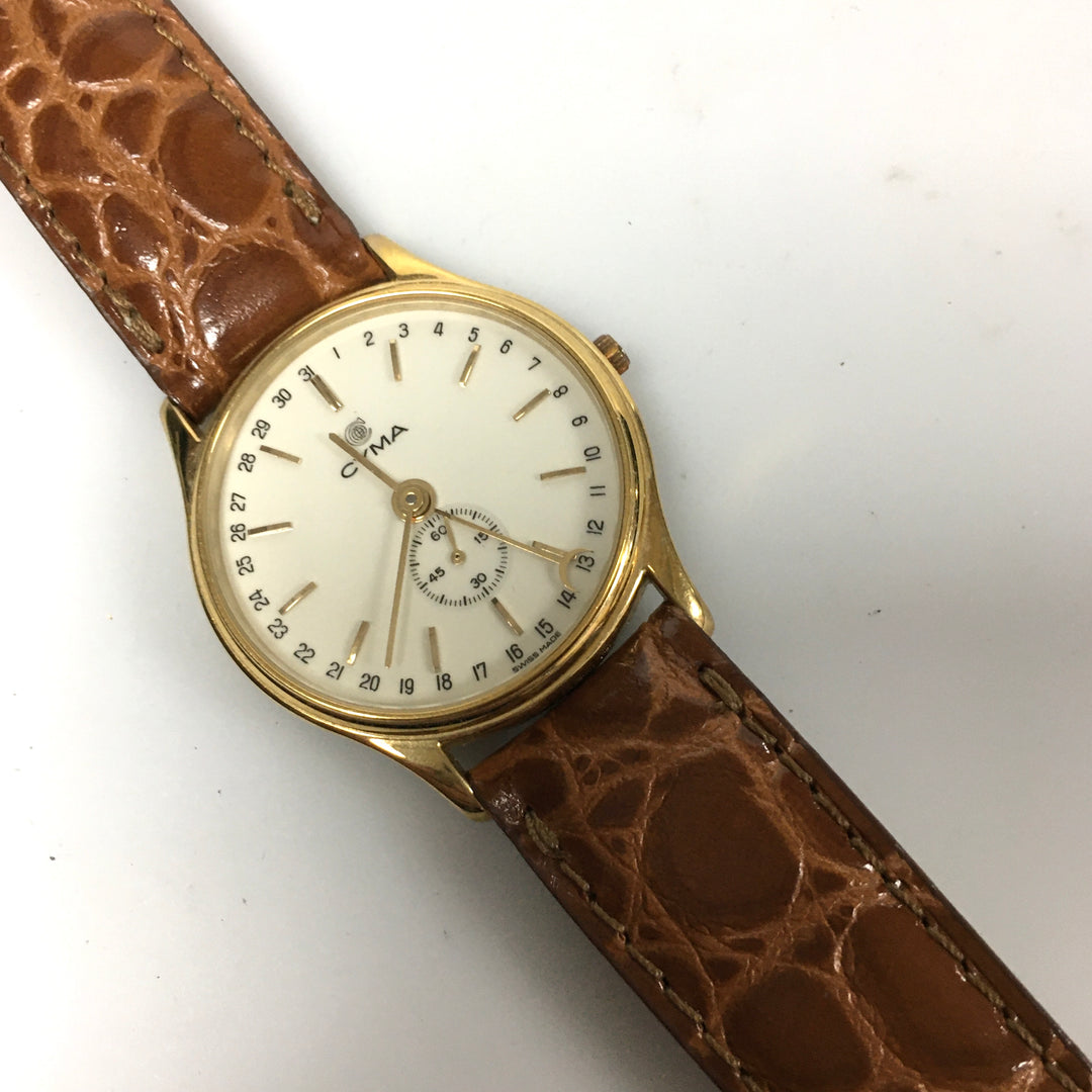 v291 Vintage CYMA Quartz Swiss Made Gold Tone Wrist Watch Leather Band