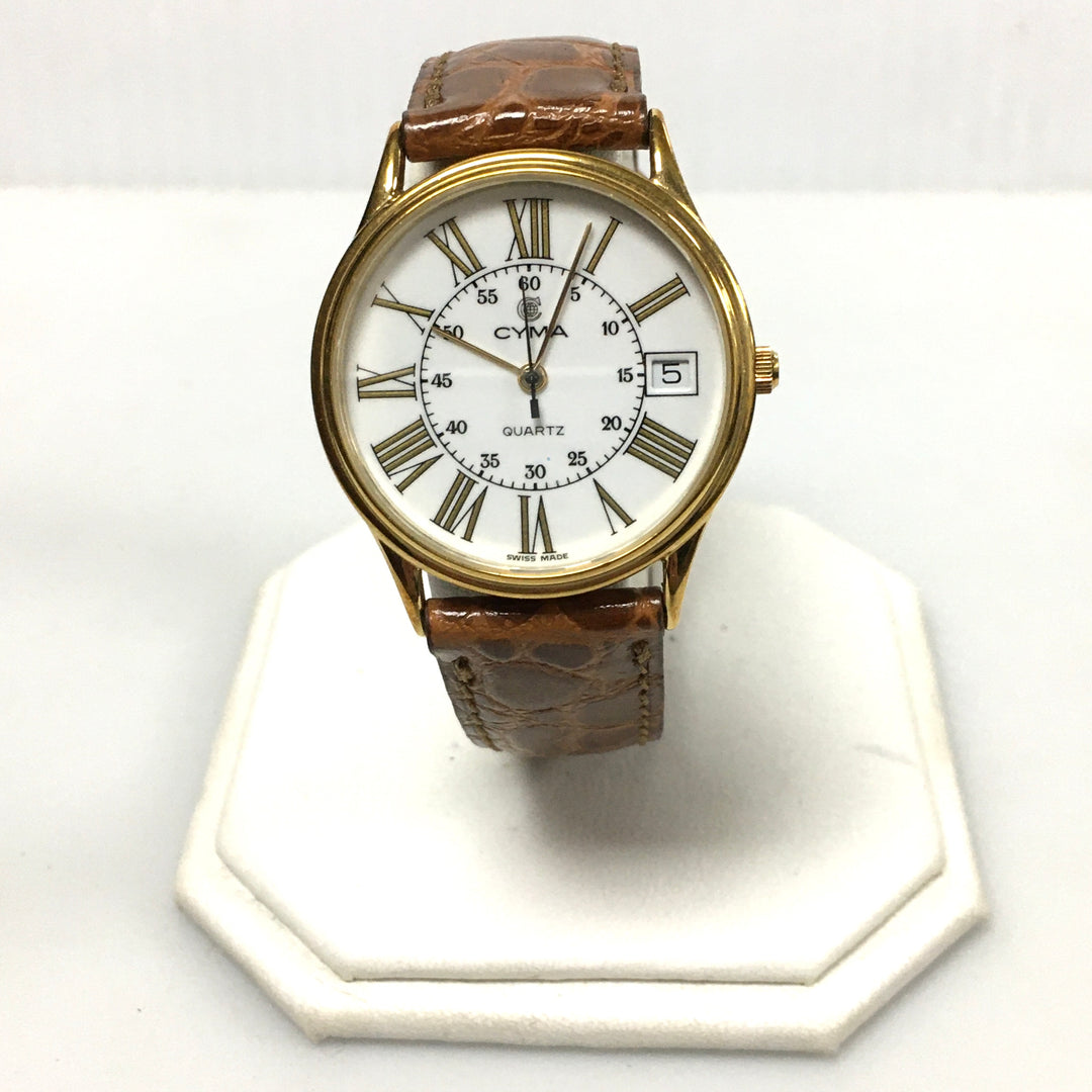 v292 Vintage CYMA Quartz Swiss Made Gold Tone Wrist Watch Leather Band