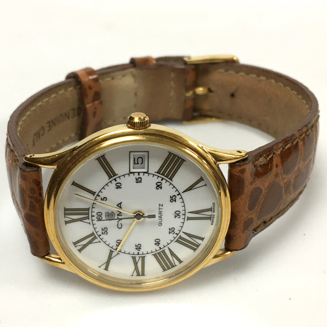 v292 Vintage CYMA Quartz Swiss Made Gold Tone Wrist Watch Leather Band