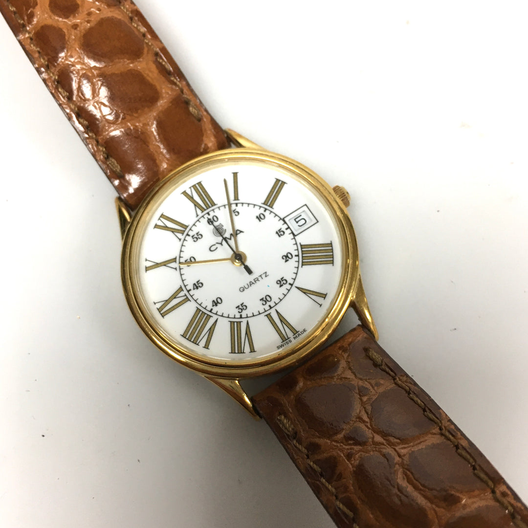 v292 Vintage CYMA Quartz Swiss Made Gold Tone Wrist Watch Leather Band