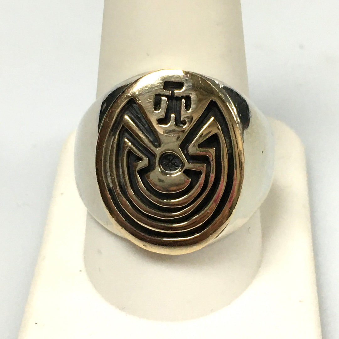 v302 Vintage Native American Sterling Silver 14k Yellow Gold Man In The Maze Ring Size 11