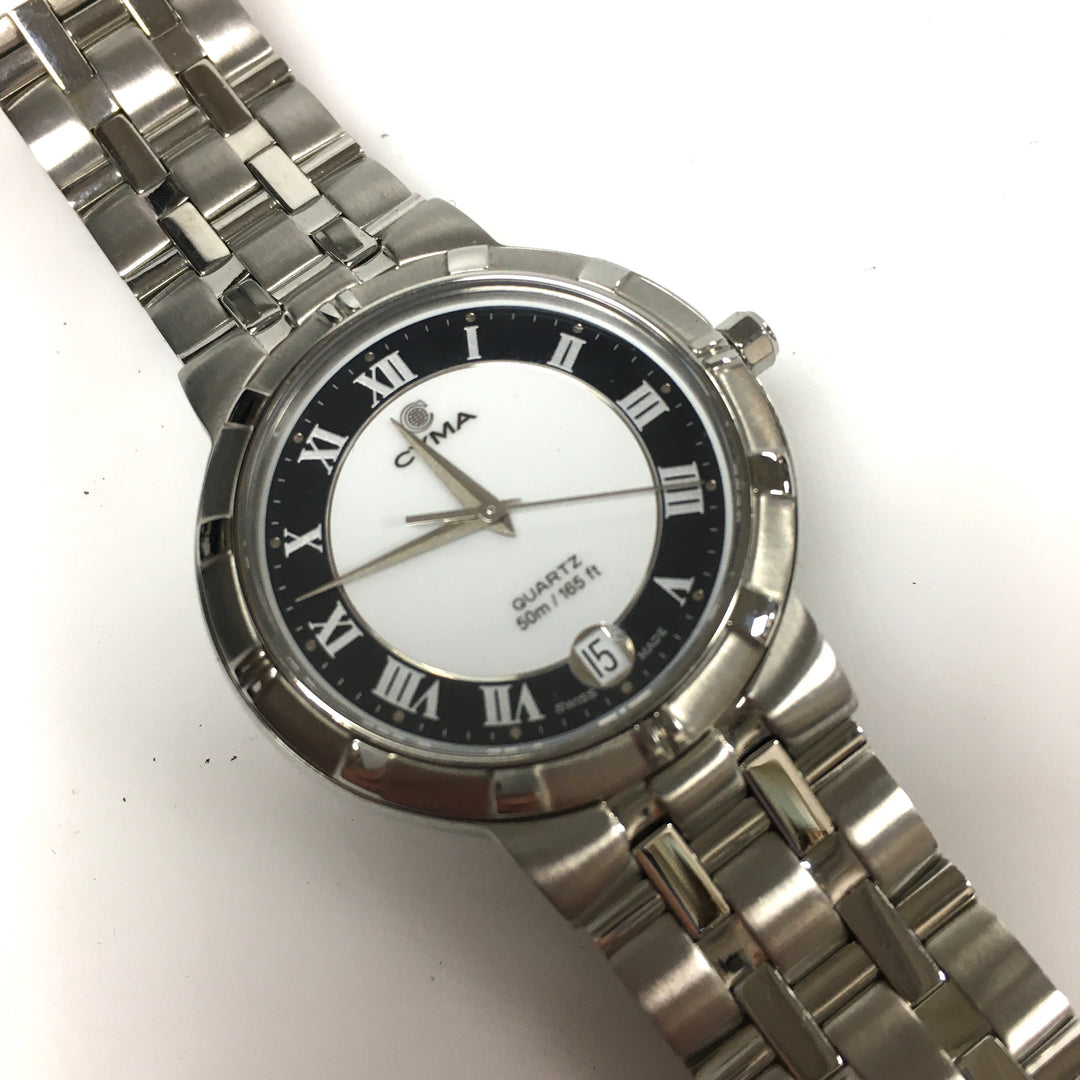 v317 Vintage CYMA Quartz Swiss 50m WR Silver Tone Stainless Steel Wrist Watch