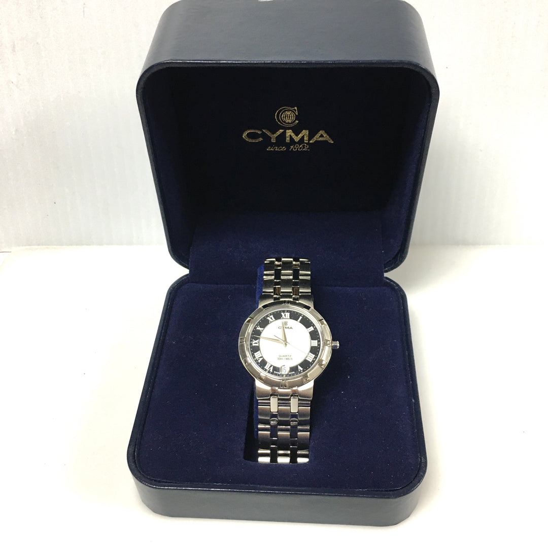 v317 Vintage CYMA Quartz Swiss 50m WR Silver Tone Stainless Steel Wrist Watch