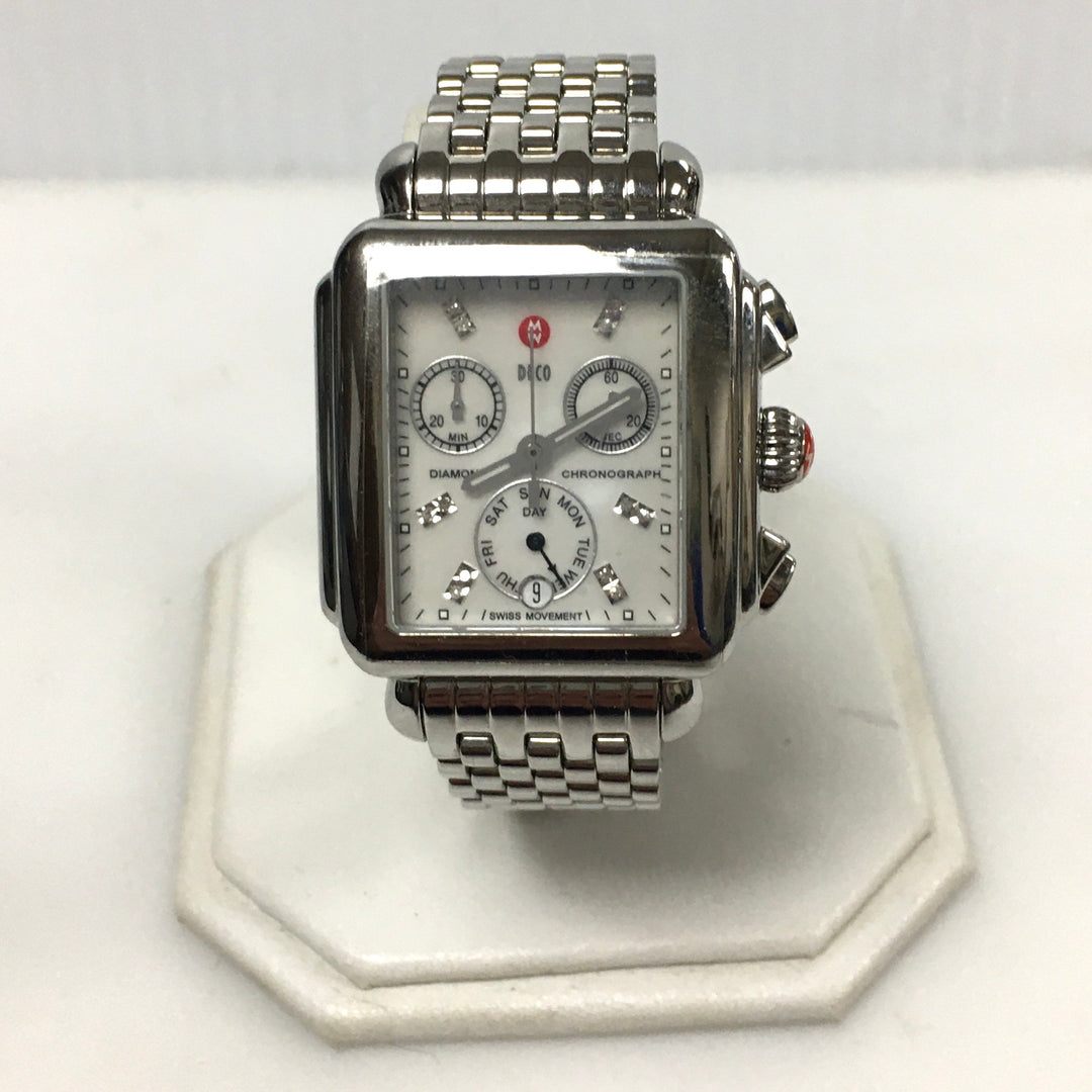 v319 Vintage Michele Deco Diamonds 0.05ct tw Chronograph Stainless Wrist Watch