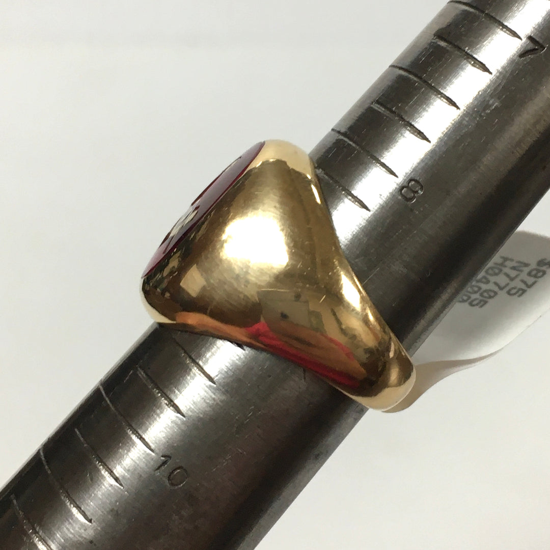 v329 Vintage 10K Yellow Gold Masonic Logo on Red Band Ring Size 9