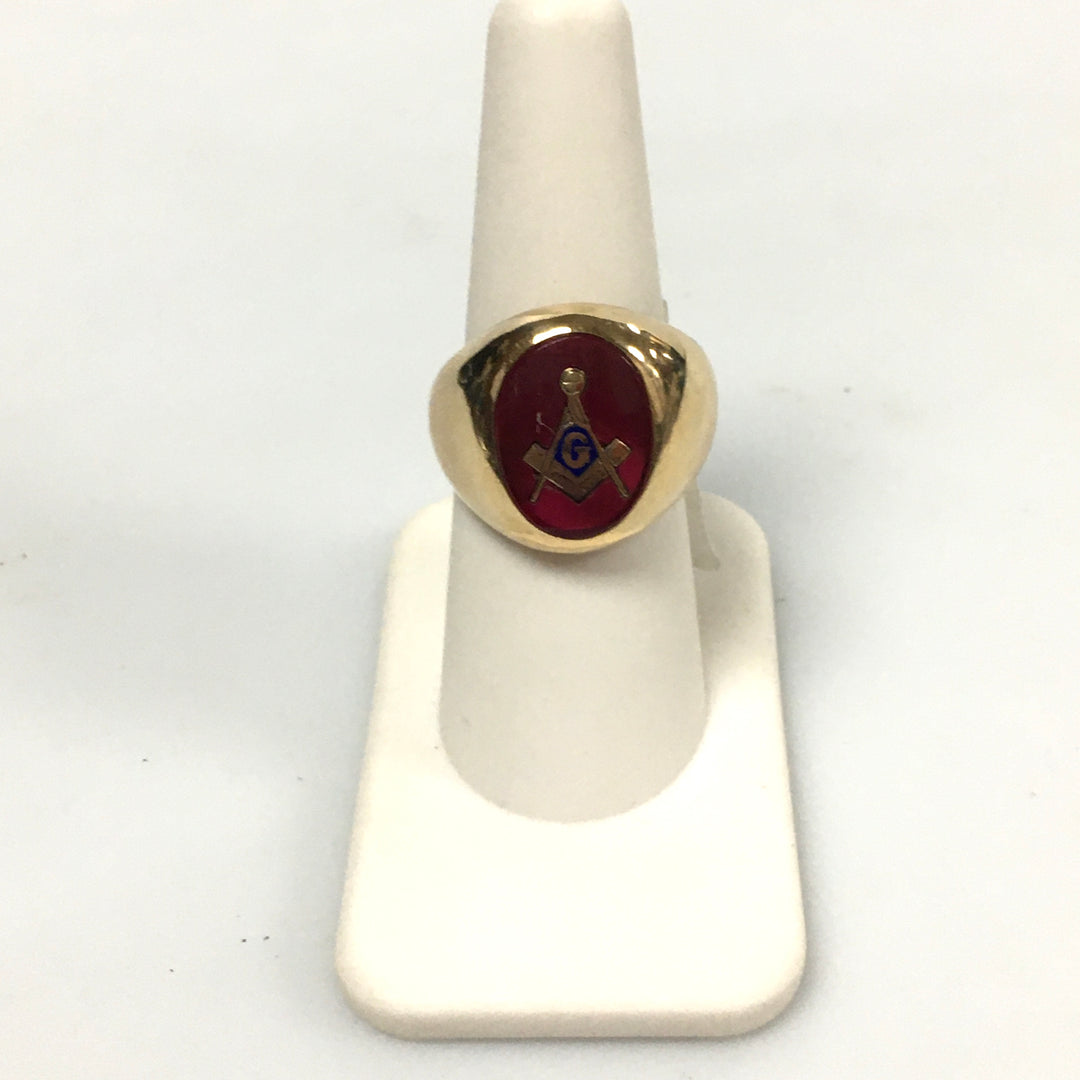 v329 Vintage 10K Yellow Gold Masonic Logo on Red Band Ring Size 9