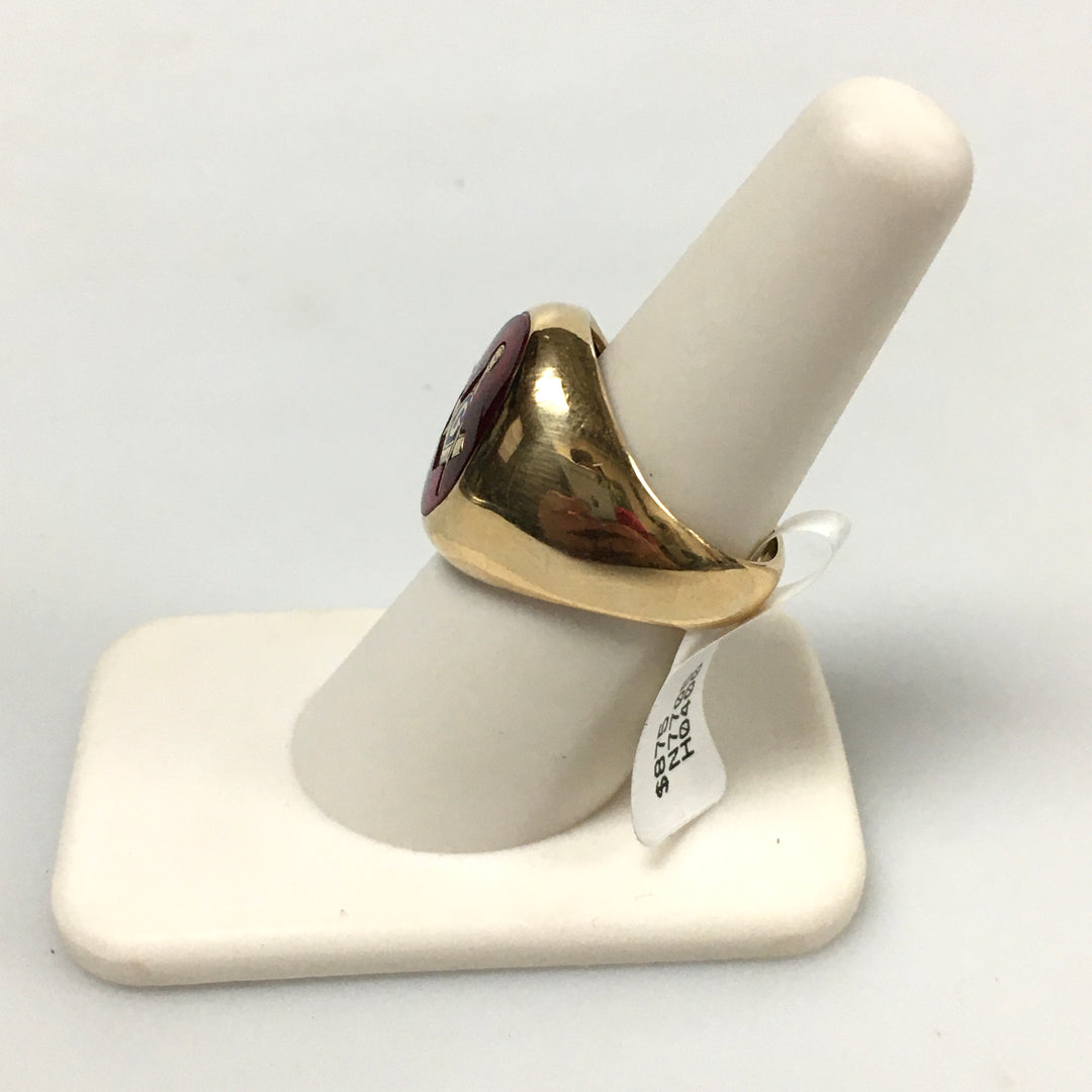 v329 Vintage 10K Yellow Gold Masonic Logo on Red Band Ring Size 9
