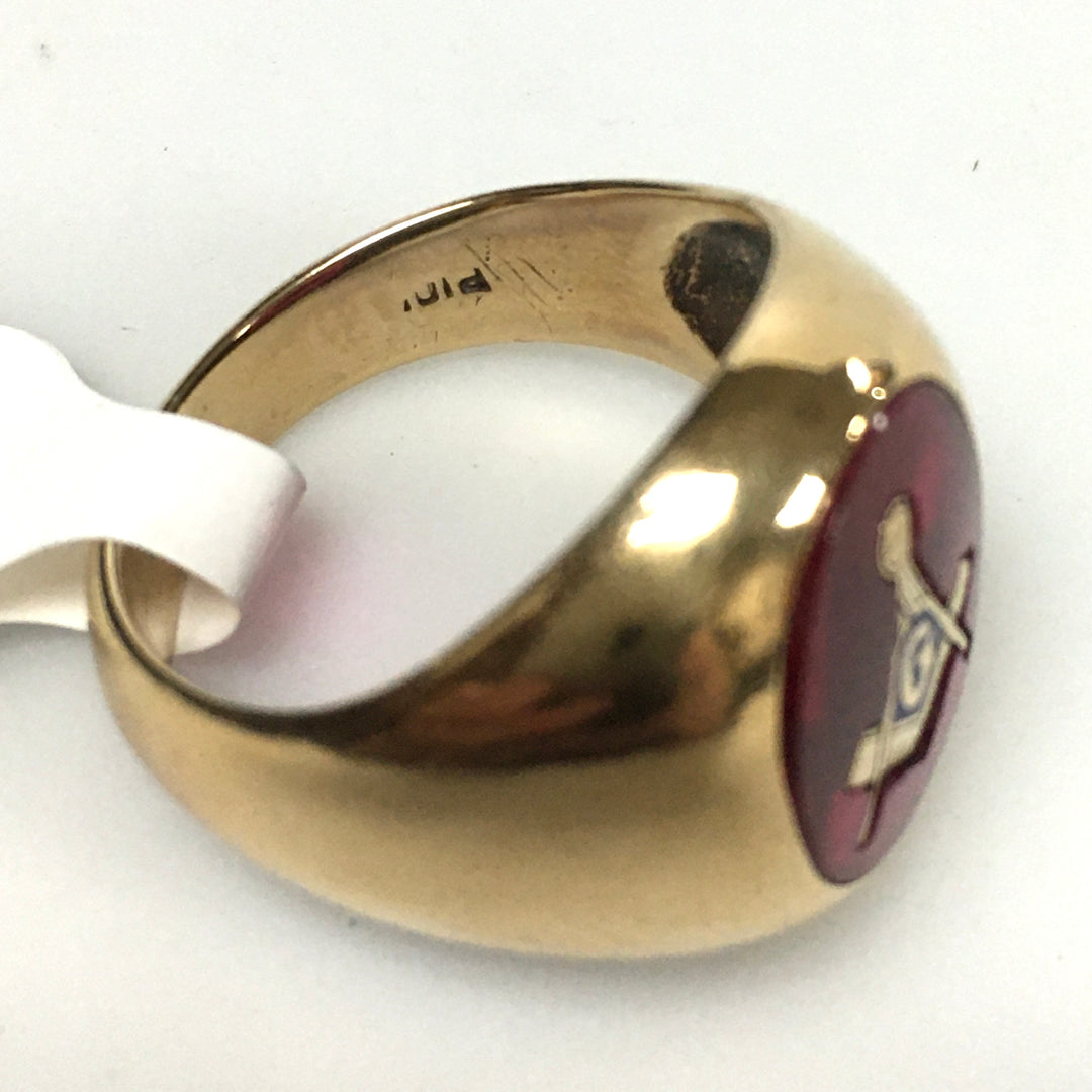 v329 Vintage 10K Yellow Gold Masonic Logo on Red Band Ring Size 9