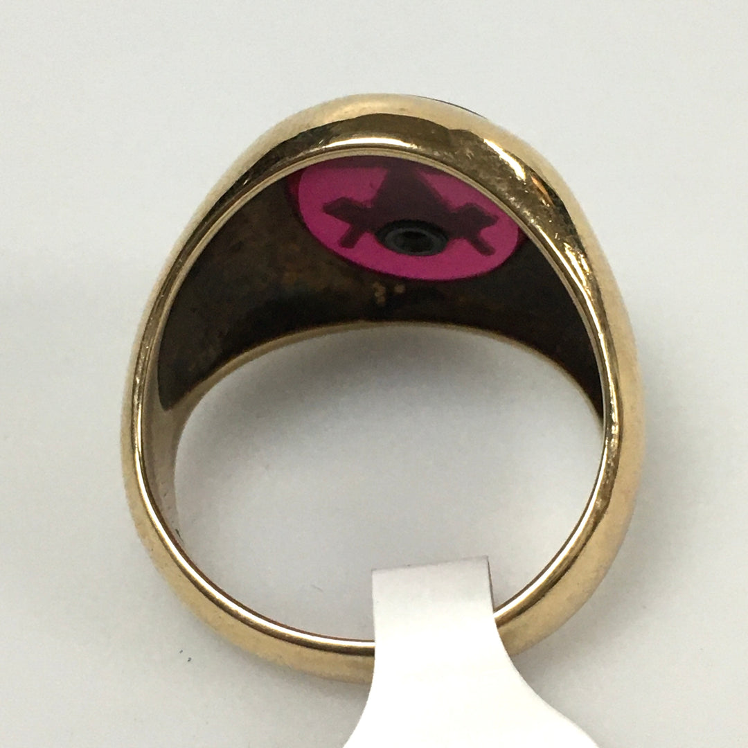 v329 Vintage 10K Yellow Gold Masonic Logo on Red Band Ring Size 9