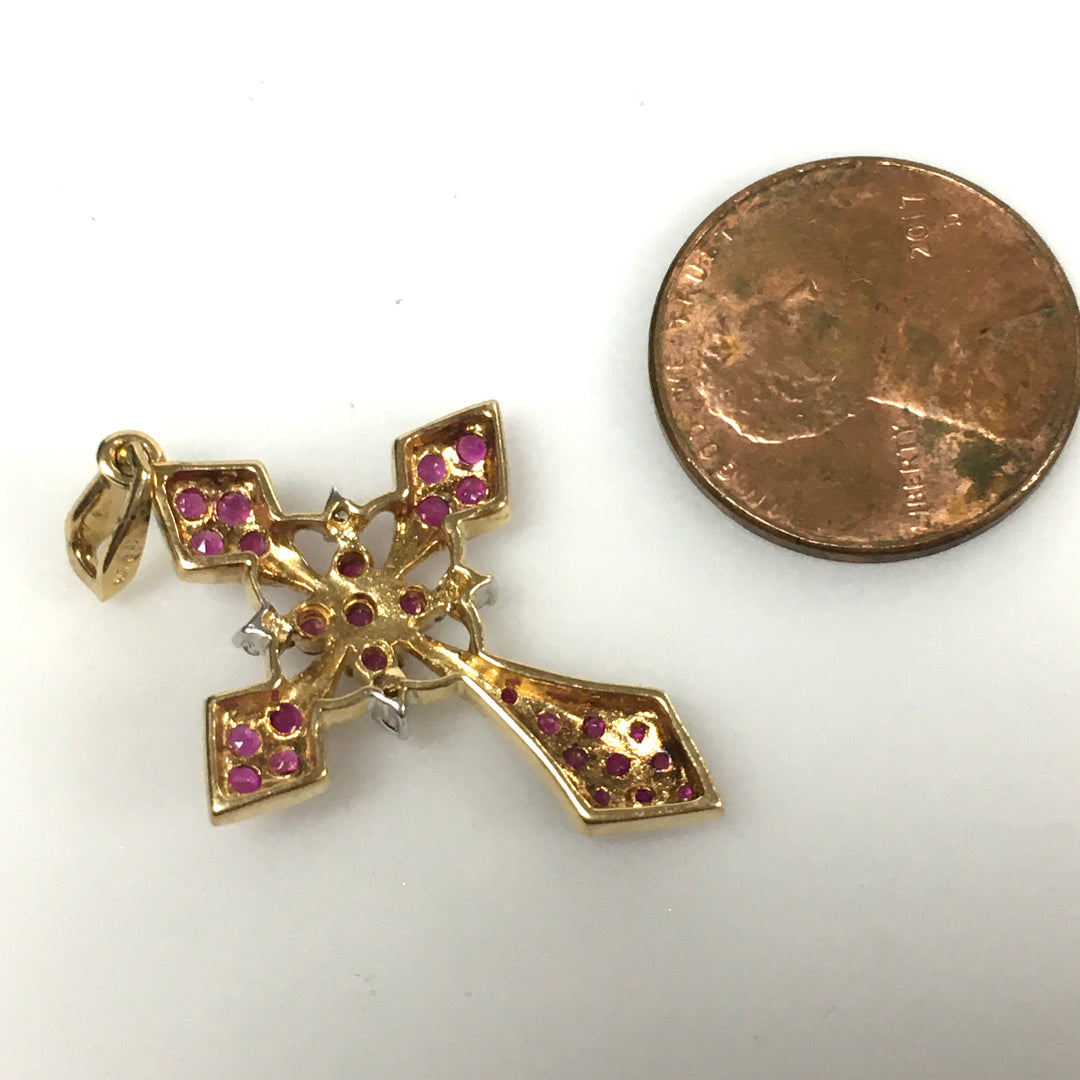 v342 Vintage 10K Yellow Gold Religious Cross Pendant Diamond and Ruby Stones