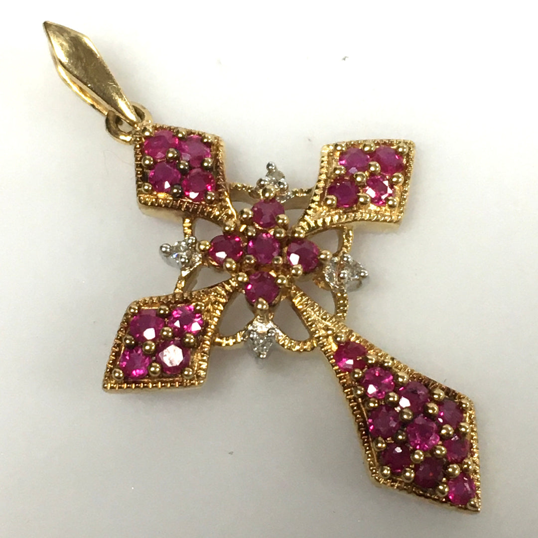 v342 Vintage 10K Yellow Gold Religious Cross Pendant Diamond and Ruby Stones