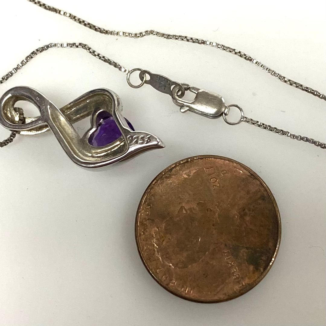 v362 Vintage Sterling Silver 925 18" Genuine Heart Amethyst Chain Necklace