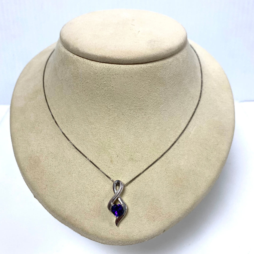v362 Vintage Sterling Silver 925 18" Genuine Heart Amethyst Chain Necklace