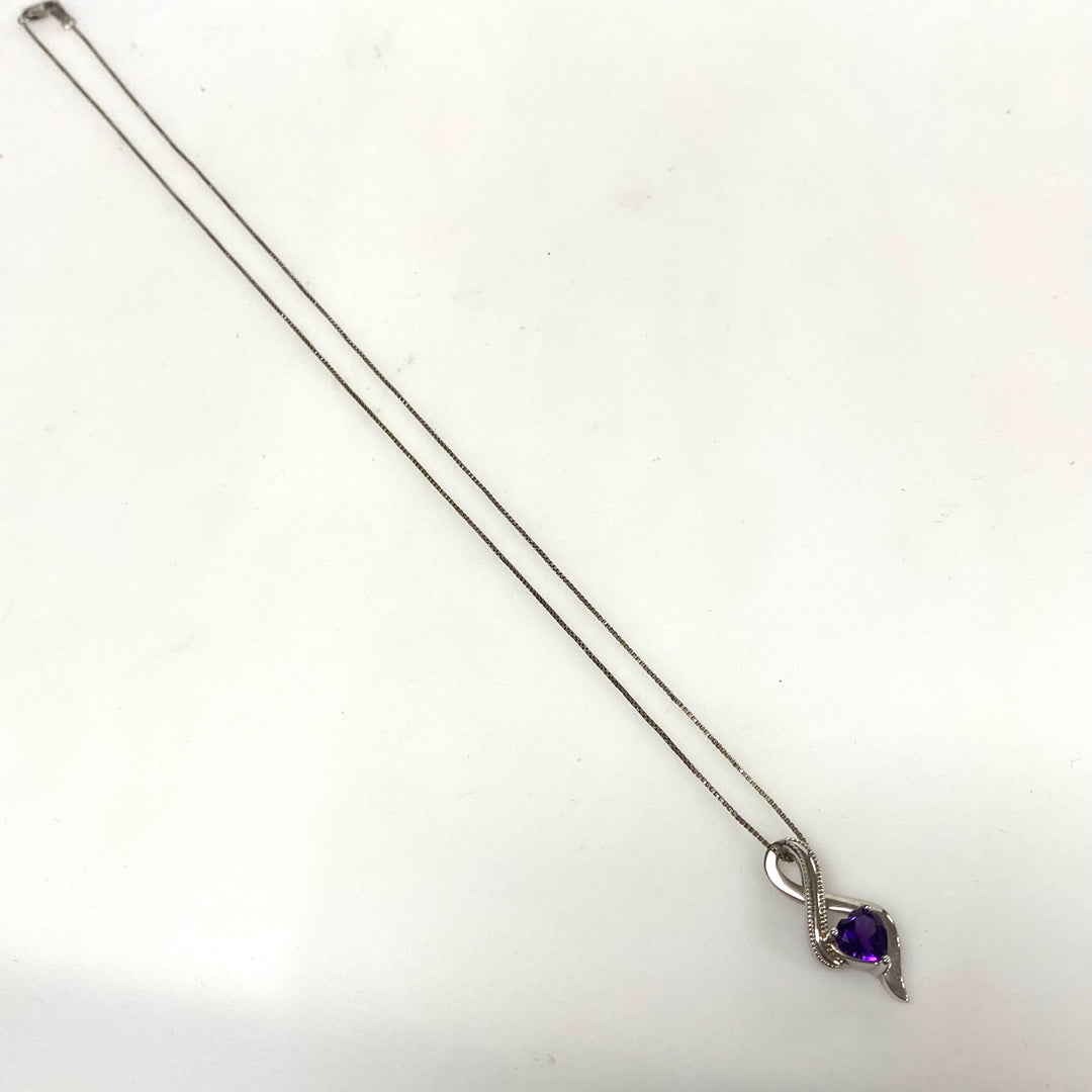 v362 Vintage Sterling Silver 925 18" Genuine Heart Amethyst Chain Necklace