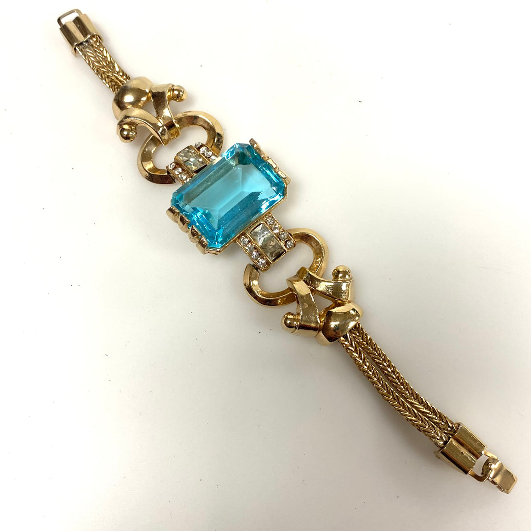v470 Vintage 12k GF Massive 25mm Emerald Cut Aquamarine 1940's Bracelet 6" Wrist