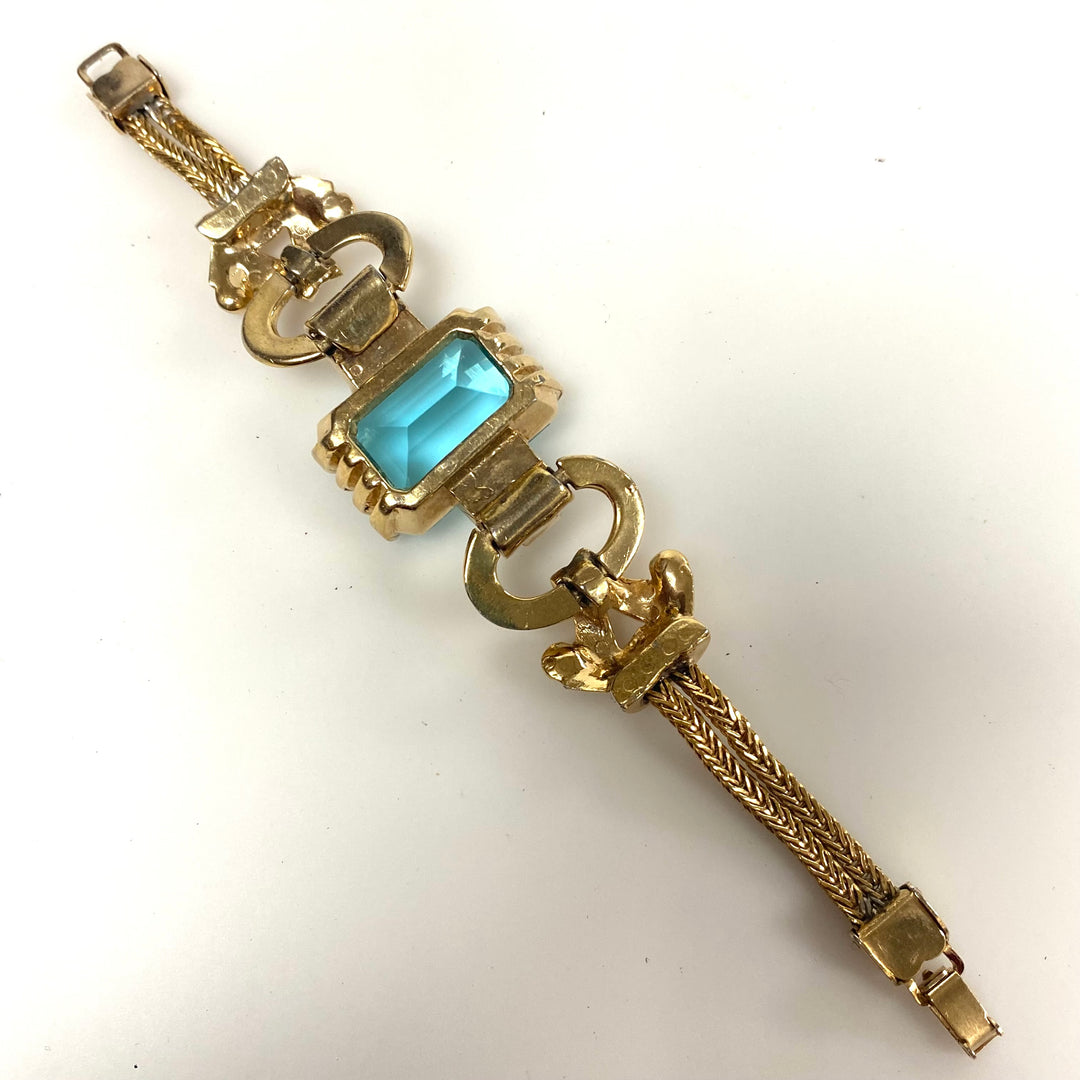 v470 Vintage 12k GF Massive 25mm Emerald Cut Aquamarine 1940's Bracelet 6" Wrist