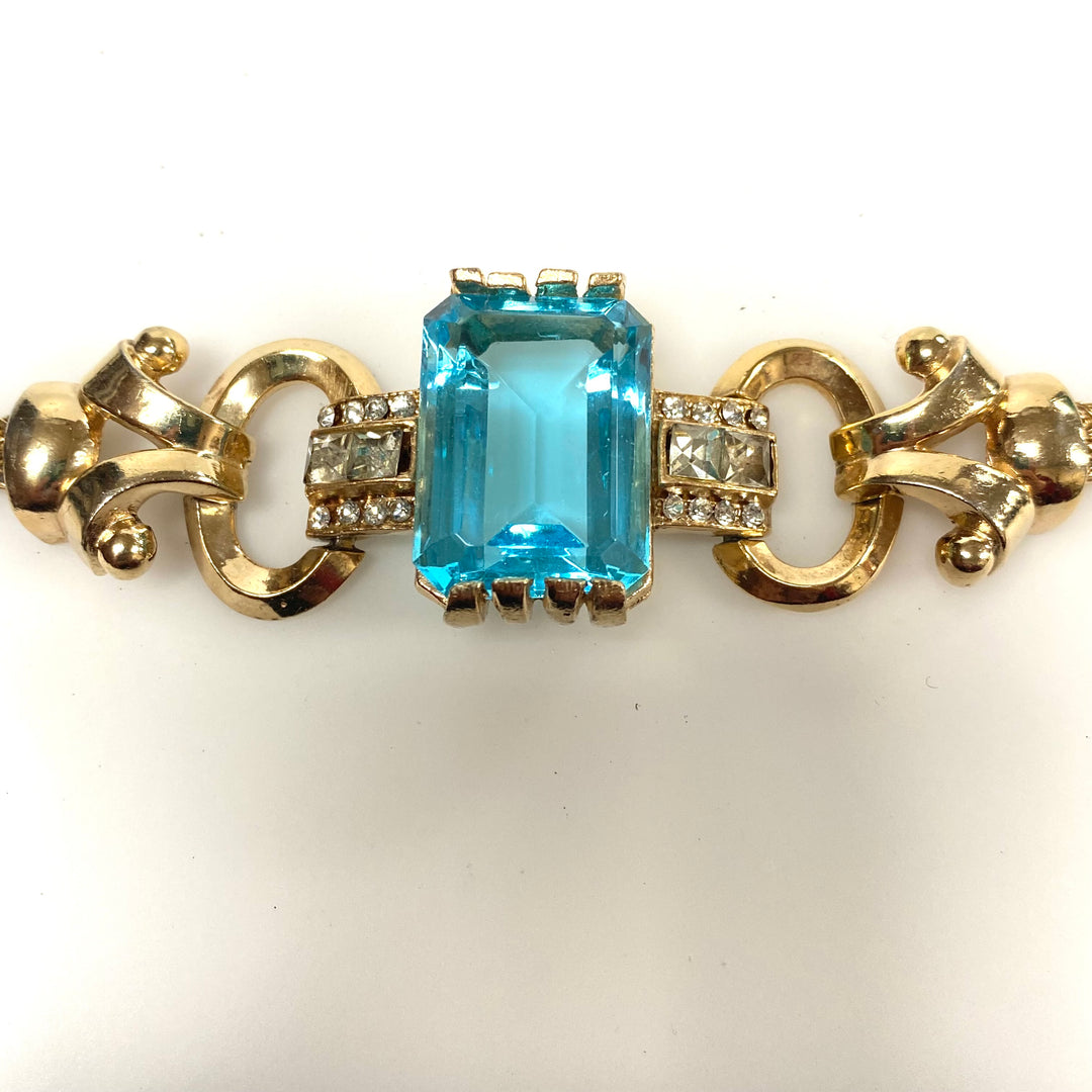 v470 Vintage 12k GF Massive 25mm Emerald Cut Aquamarine 1940's Bracelet 6" Wrist