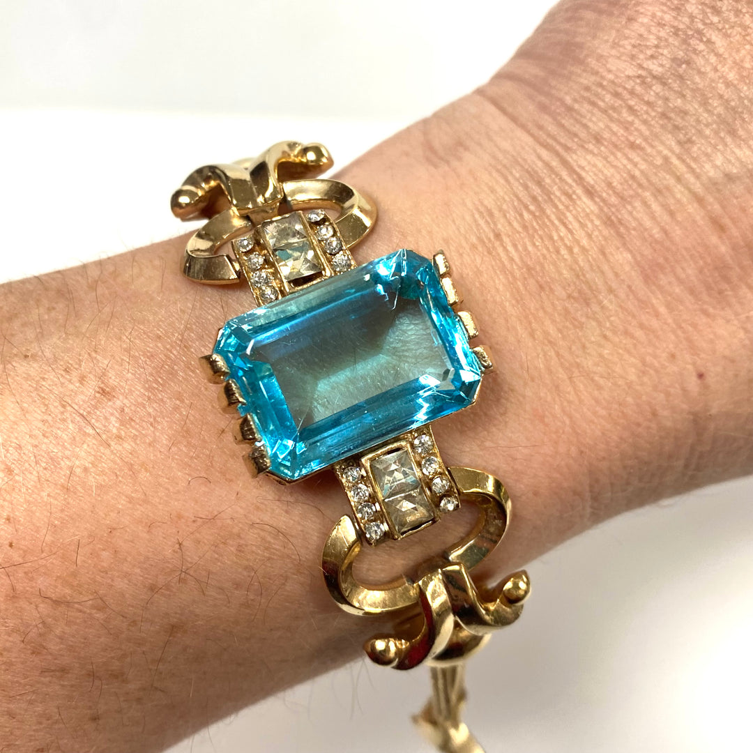 v470 Vintage 12k GF Massive 25mm Emerald Cut Aquamarine 1940's Bracelet 6" Wrist