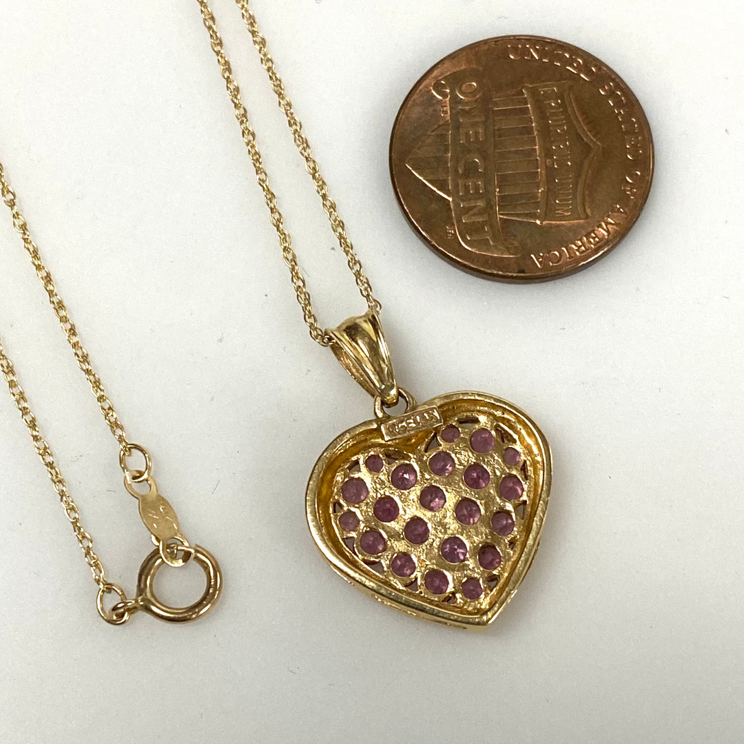 v372 Vintage 14k Yellow Gold 18" Long Chain Necklace Pink Sapphire Heart Pendant