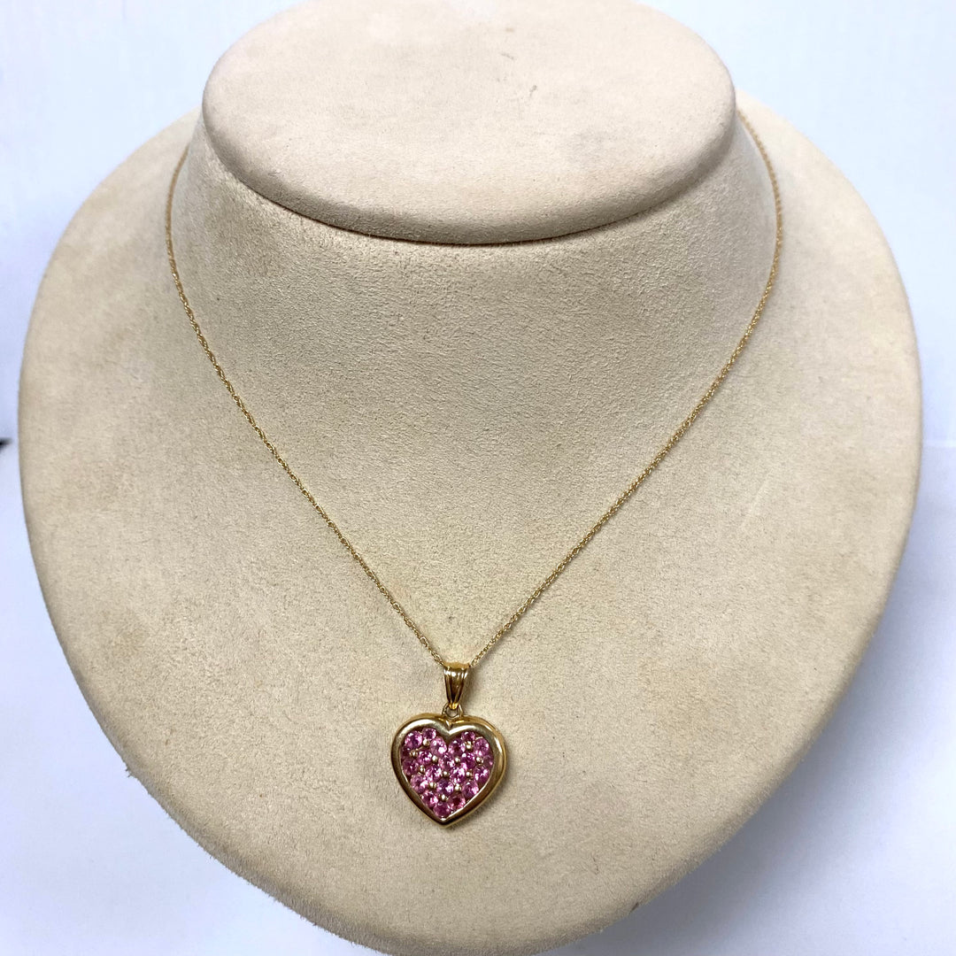 v372 Vintage 14k Yellow Gold 18" Long Chain Necklace Pink Sapphire Heart Pendant
