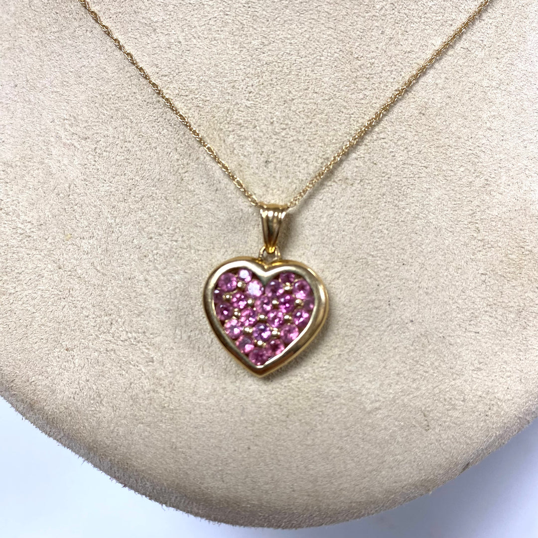 v372 Vintage 14k Yellow Gold 18" Long Chain Necklace Pink Sapphire Heart Pendant