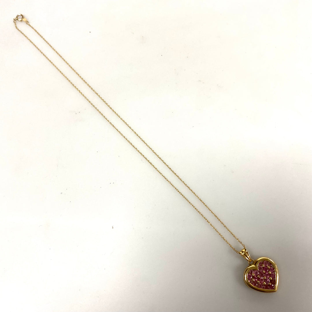 v372 Vintage 14k Yellow Gold 18" Long Chain Necklace Pink Sapphire Heart Pendant