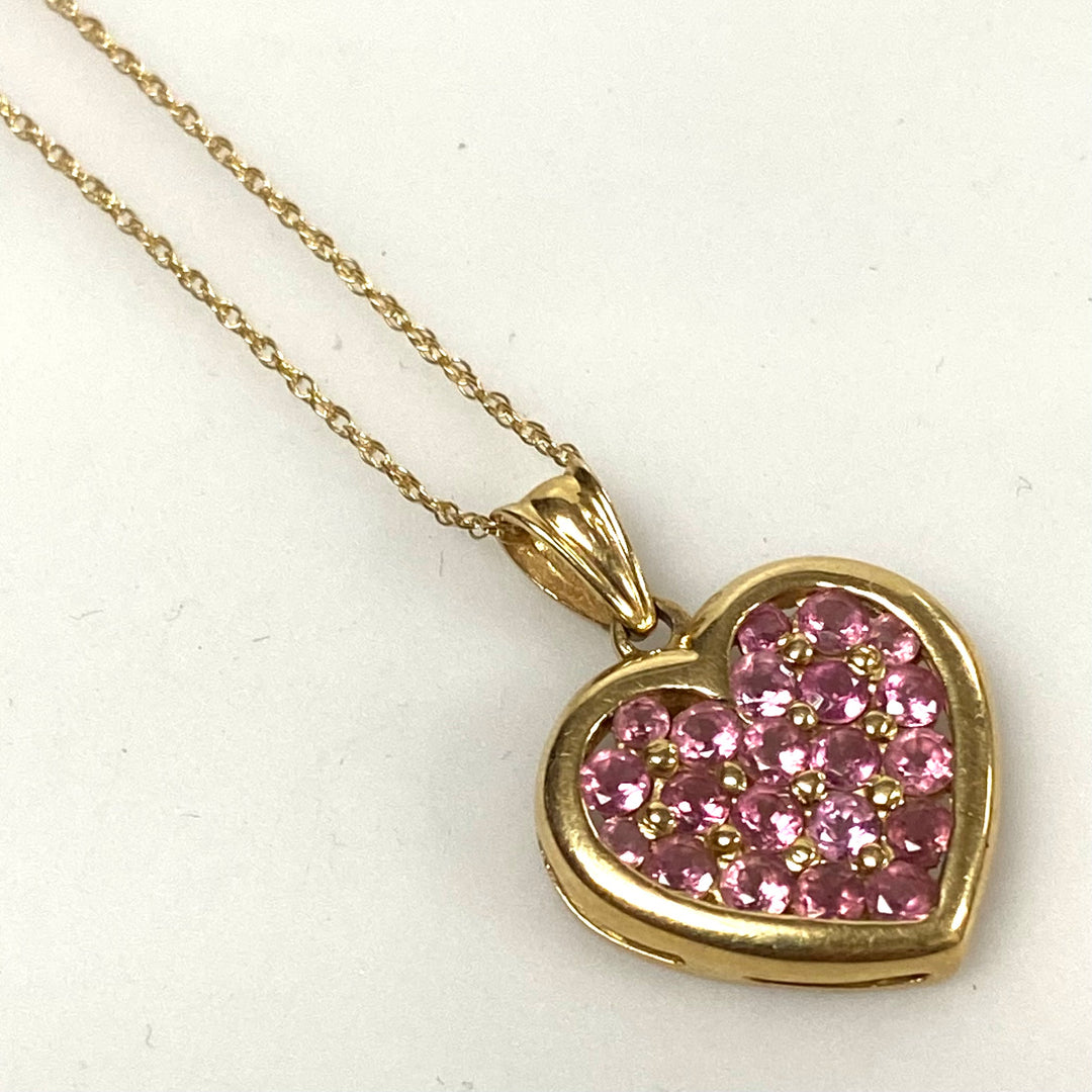 v372 Vintage 14k Yellow Gold 18" Long Chain Necklace Pink Sapphire Heart Pendant