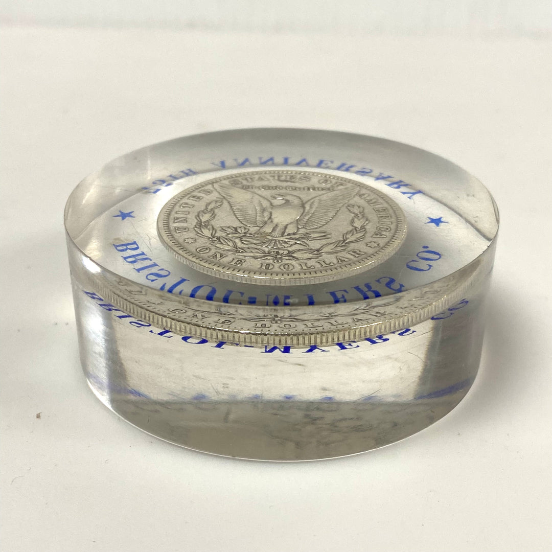 v375 Bristol-Myers Morgan 1887 Silver Dollar Lucite 75th Anniversary Paperweight