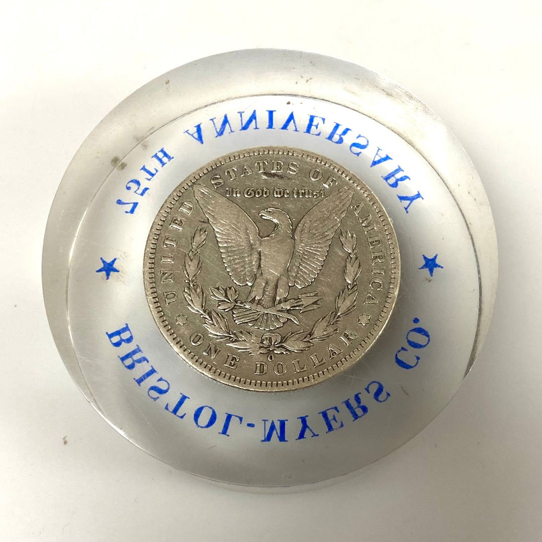 v375 Bristol-Myers Morgan 1887 Silver Dollar Lucite 75th Anniversary Paperweight