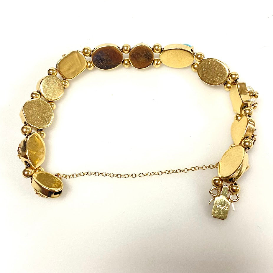 v379 Vintage 14K Yellow Gold 10mm Multi-stone Slide Bracelet 7.25" Wrist