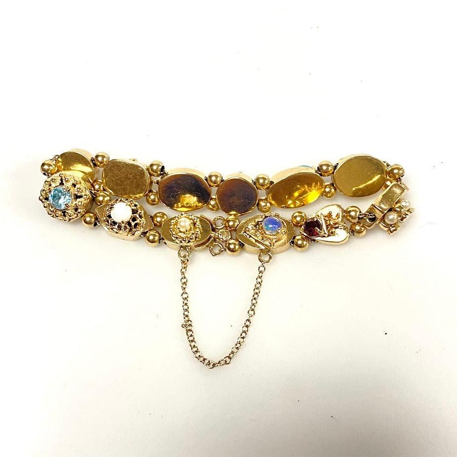 v379 Vintage 14K Yellow Gold 10mm Multi-stone Slide Bracelet 7.25" Wrist