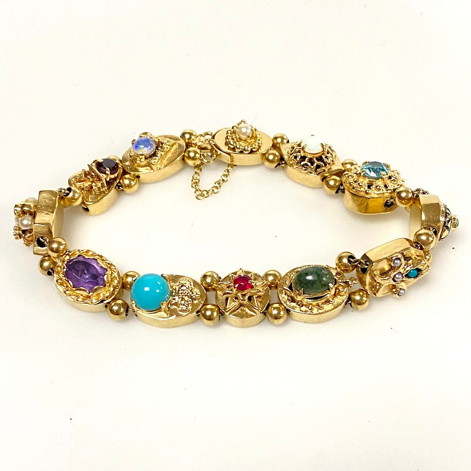 v379 Vintage 14K Yellow Gold 10mm Multi-stone Slide Bracelet 7.25" Wrist