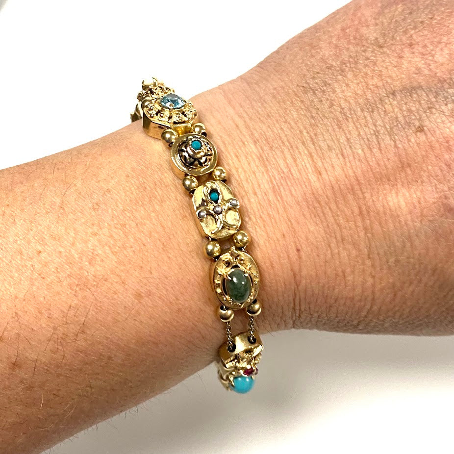 v379 Vintage 14K Yellow Gold 10mm Multi-stone Slide Bracelet 7.25" Wrist