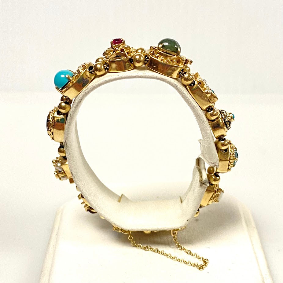 v379 Vintage 14K Yellow Gold 10mm Multi-stone Slide Bracelet 7.25" Wrist