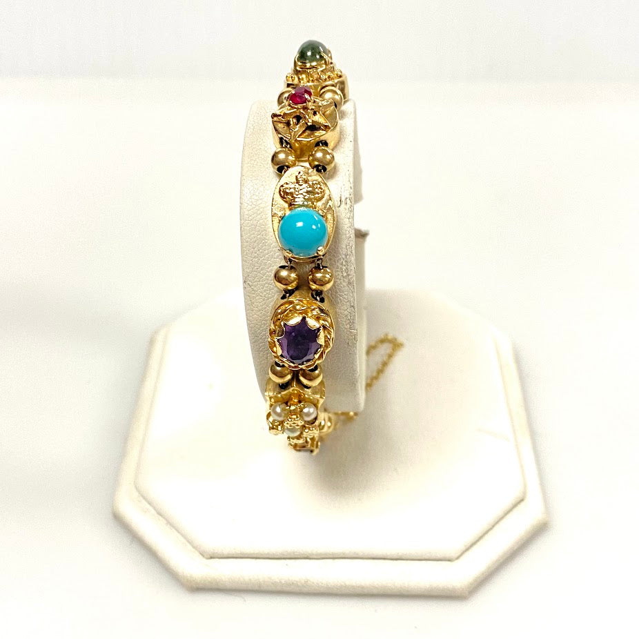 v379 Vintage 14K Yellow Gold 10mm Multi-stone Slide Bracelet 7.25" Wrist