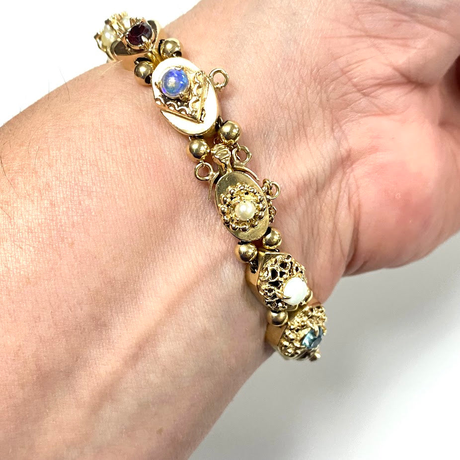 v379 Vintage 14K Yellow Gold 10mm Multi-stone Slide Bracelet 7.25" Wrist