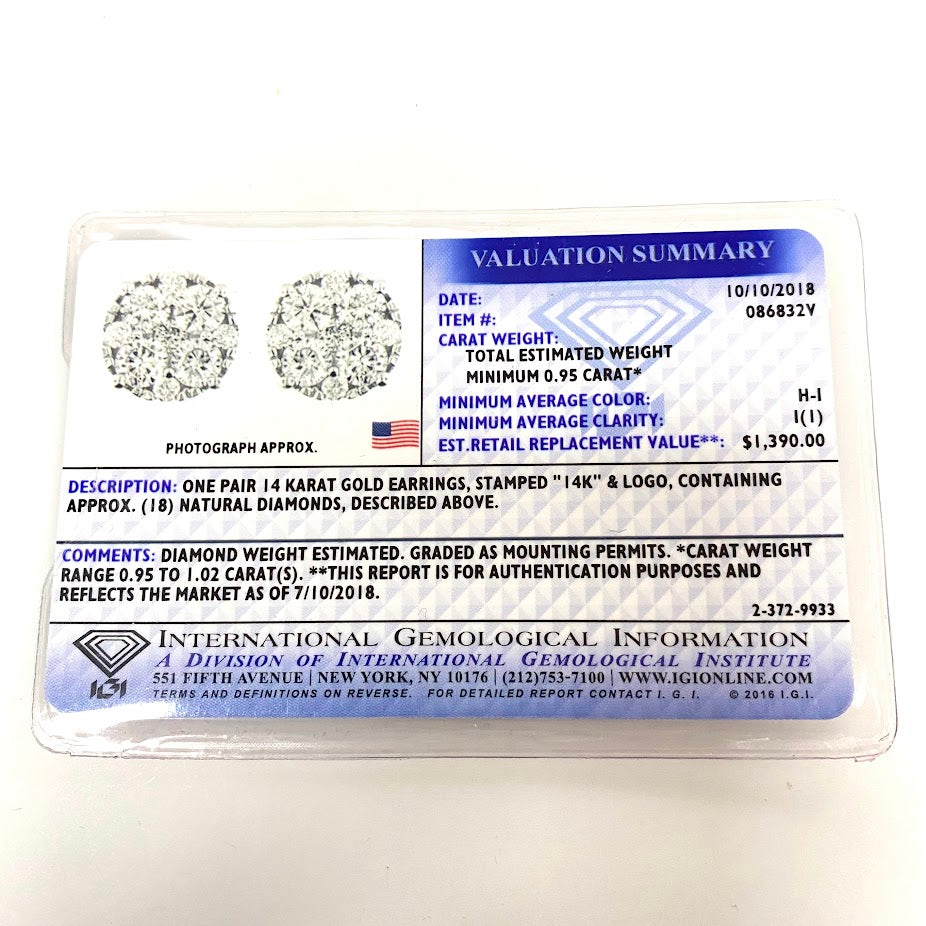 v381 Vintage Classic 14K White Gold 0.95cts 18 count H-1 Diamond Stud Earrings