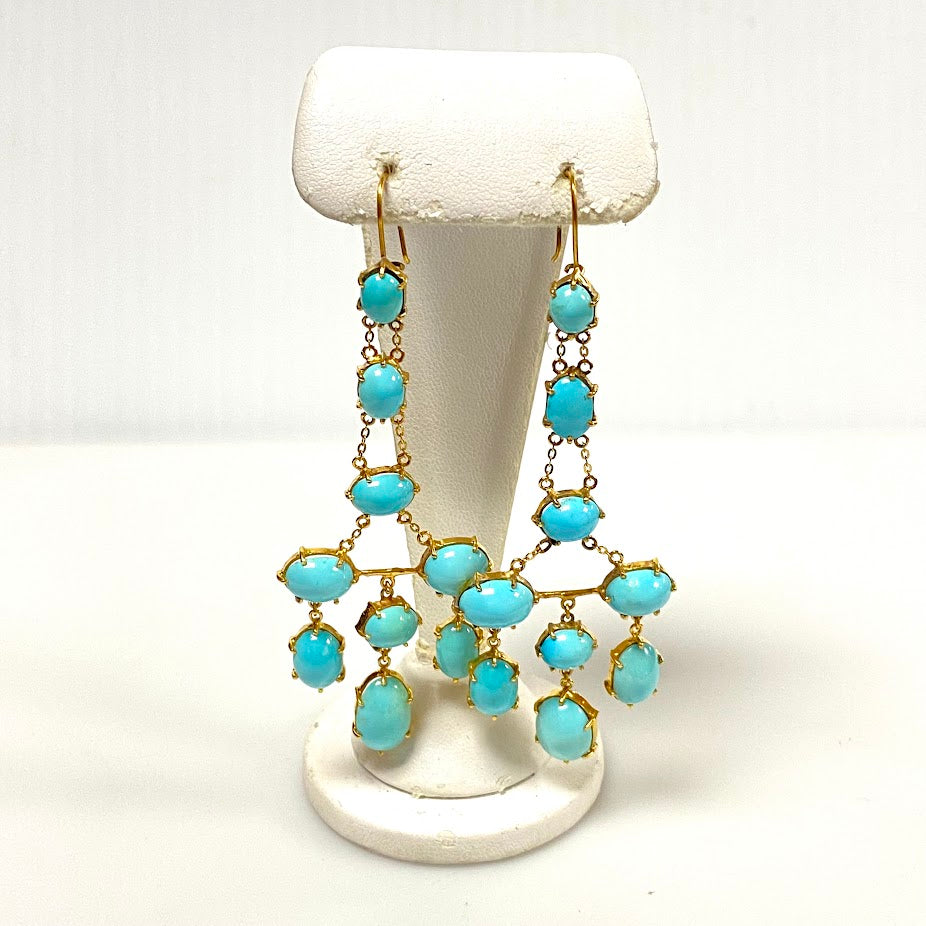 v382 Vintage 18K Yellow Gold Blue Turquoise Dangling Earrings