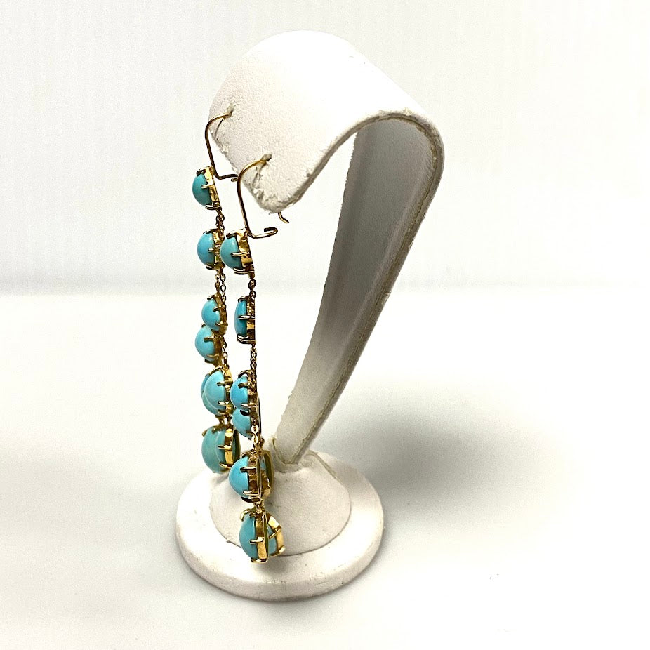 v382 Vintage 18K Yellow Gold Blue Turquoise Dangling Earrings