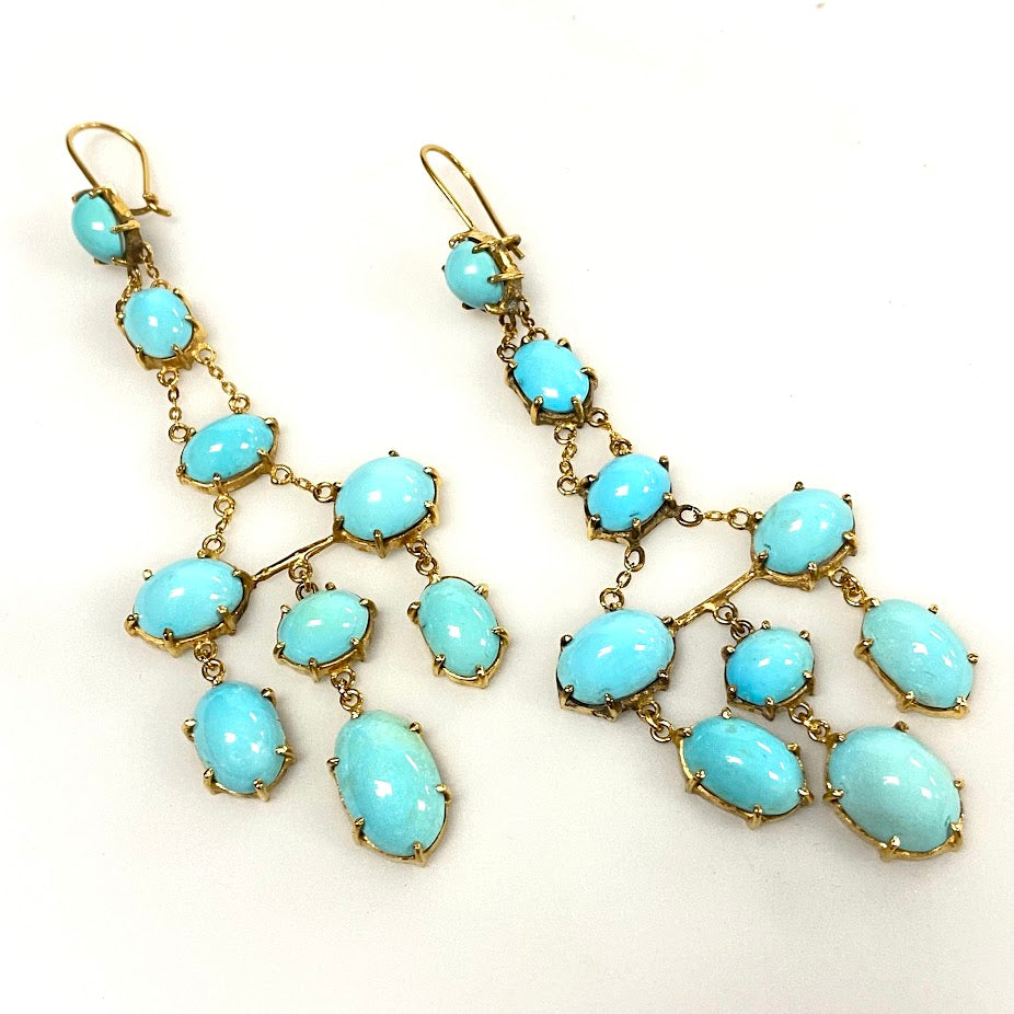 v382 Vintage 18K Yellow Gold Blue Turquoise Dangling Earrings